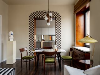 a checkerboard pattern painted around a door